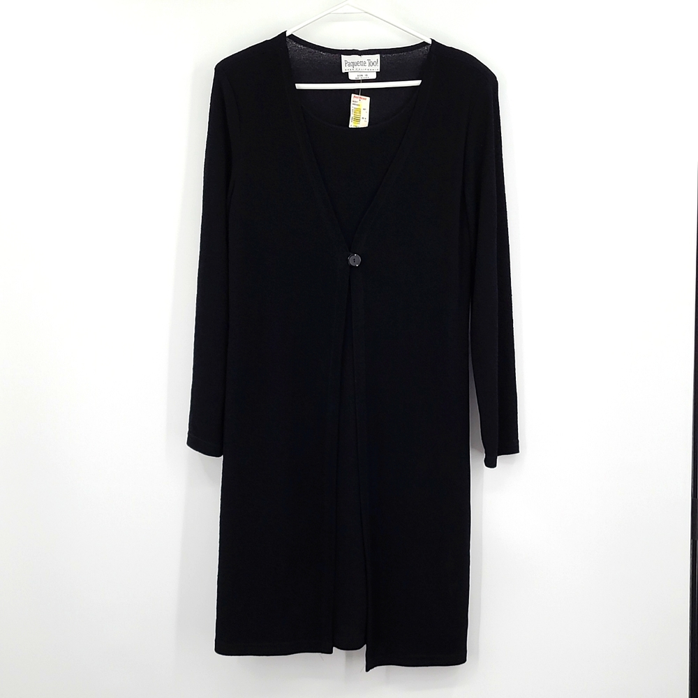 Paquette Too! 10 Black scoopneck long sleeve midi dress button front overlay